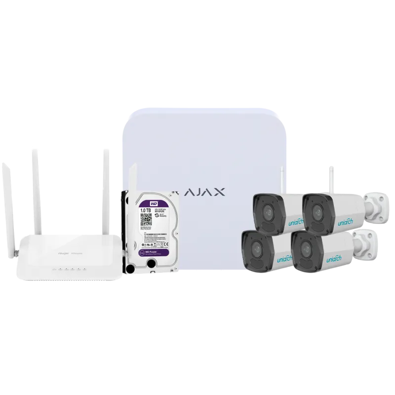 Kit de videovigilancia Ajax - Grabador Ajax de 8 canales - 4 cámaras bullet WiFi de 2 Mpx Uniarch - Router WiFi de ...