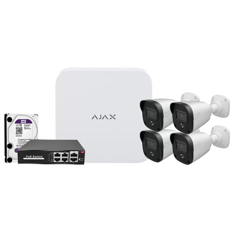 Kit de videovigilancia Ajax - Grabador Ajax de 8 canales - 4 cámaras bullet de 4 Mpx Safire Smart DualLight - Switc...