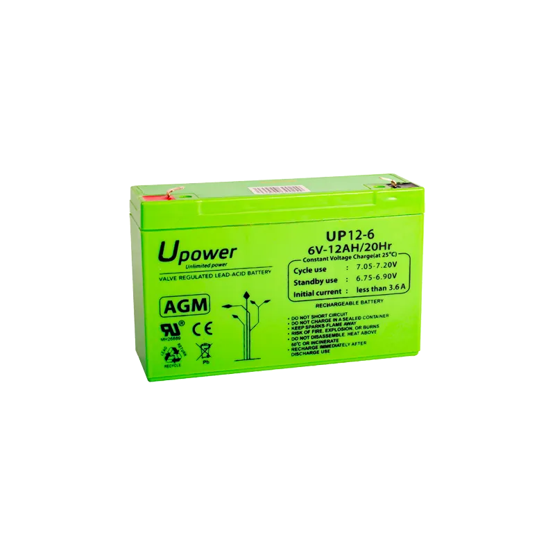 Upower - Batería recargable - Tecnología plomo ácido AGM - Voltaje 6 V - Capacidad 12.0 Ah - 100 x 151 x 51 / 1800 g ...