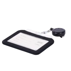 Porta-tarjetas - Cordón retráctil y disposición de clip - Disposición vertical - Láminas de plástico protectoras - Fa...