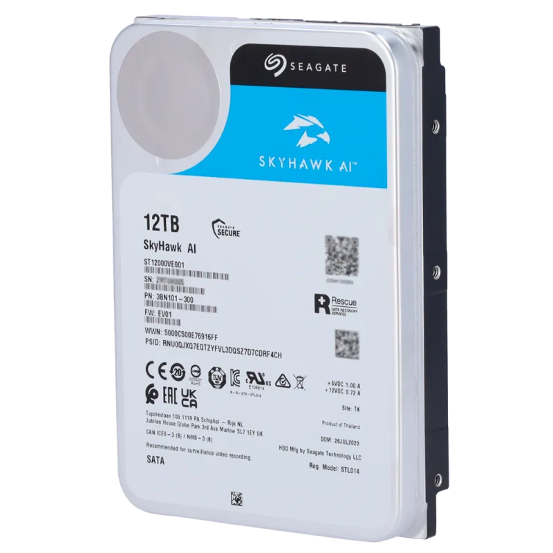 Disco duro Seagate Skyhawk AI - Capacidad 12 TB - Interfaz SATA 6 Gb/s - Hasta 32 transmisiones de inteligencia artif...