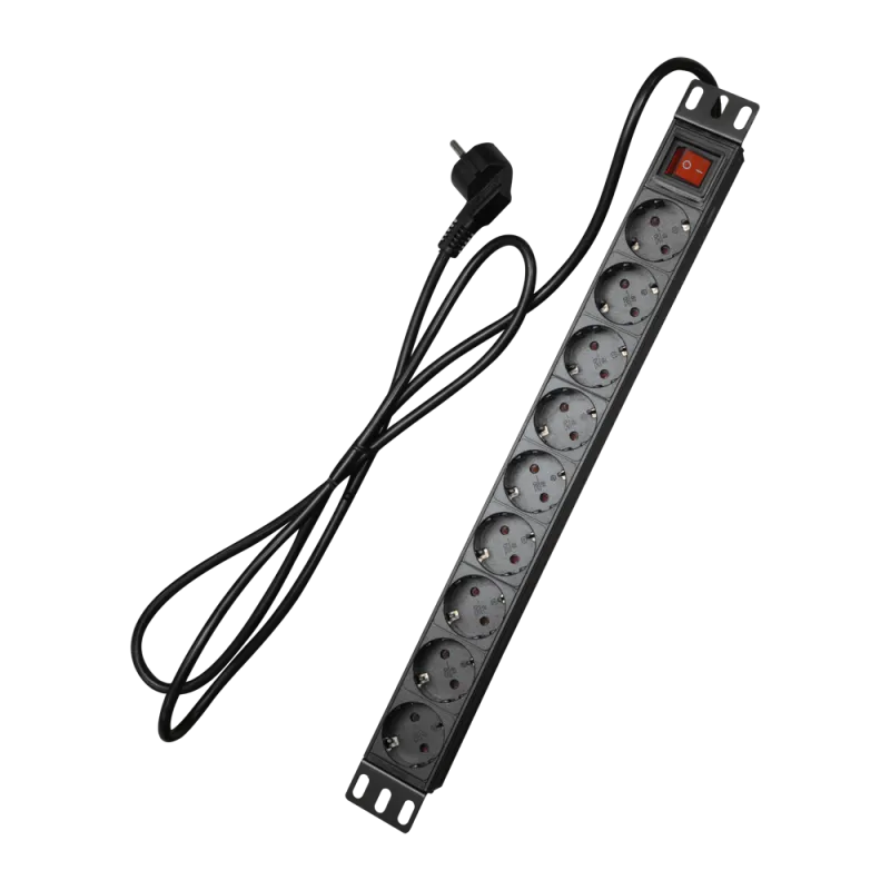 Regleta - Formato enrackable 1U - 9 salidas hasta 250VAC / 16 A max. - Interruptor de encendido/apagado - Color negro