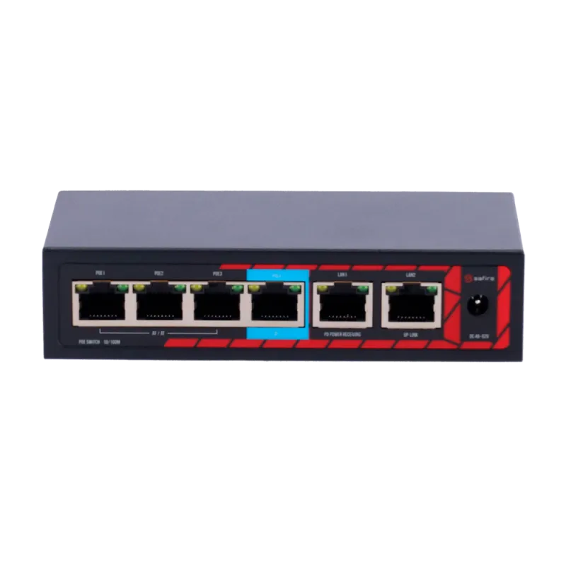 Safire Indoor Hi-PoE Extender Switch - Amplía alcance alimentación PoE - 4 puertos PoE + 2 Uplink RJ45 - IEEE 802.3 a...