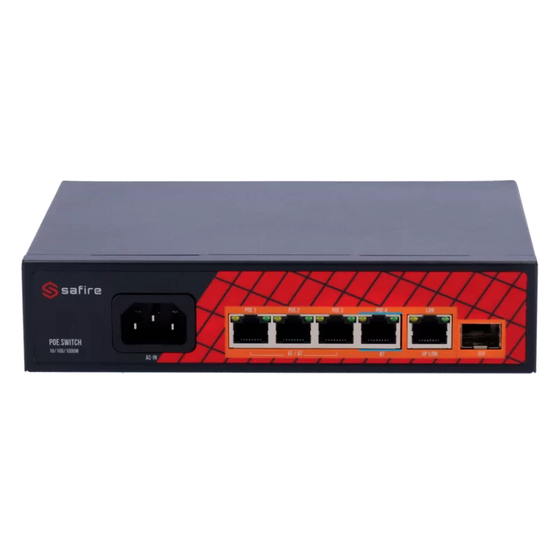 Safire Switch Hi-PoE - 4 puertos PoE + 1 Uplink RJ45 + 1 Uplink SFP - Velocidad de puertos Gigabit 10/100/1000Mbps - ...