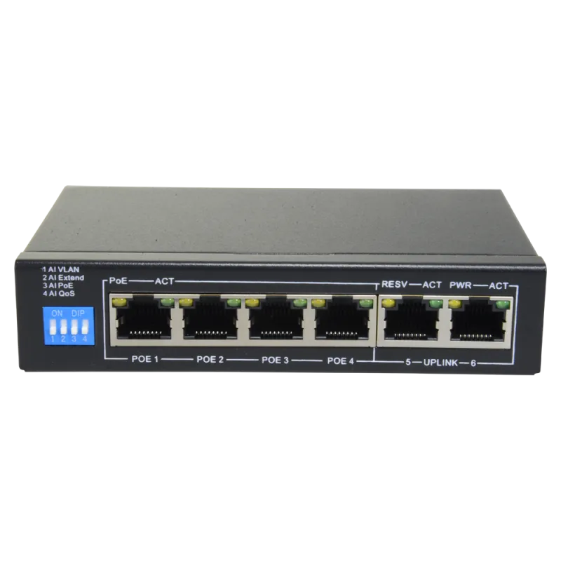 Switch PoE - 4 puertos PoE + 2 Uplink RJ45 - Velocidad hasta 100 Mbps en todos los puertos - Hasta 60W en total para ...