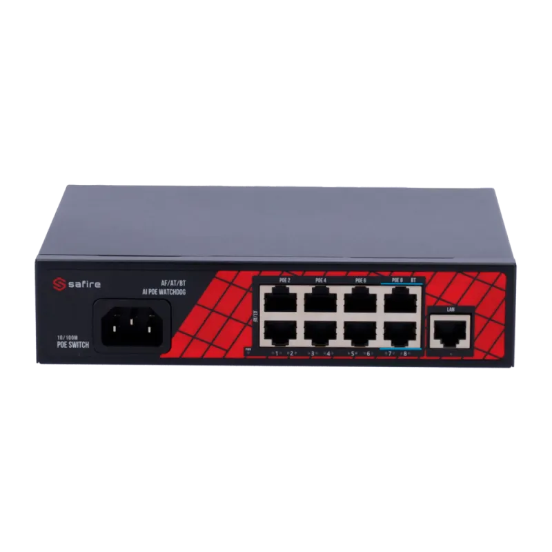 Safire Switch Hi-PoE - 8 puertos PoE + 1 Uplink RJ45 - Velocidad de puertos 10/100Mbps - 6 Puertos PoE+ 30W + 2 Puert...