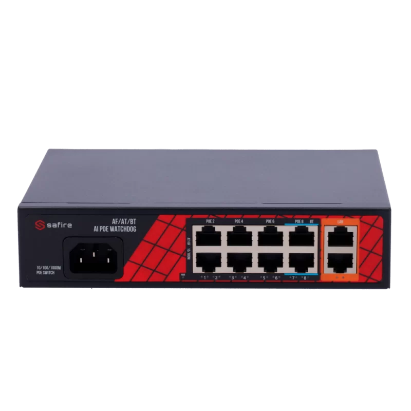 Safire Switch Hi-PoE - 8 puertos PoE + 2 Uplink RJ45 - Hibrido 8x10/100Mbps + 2x10/100/1000Mbps - 6 Puertos PoE+ 30W ...