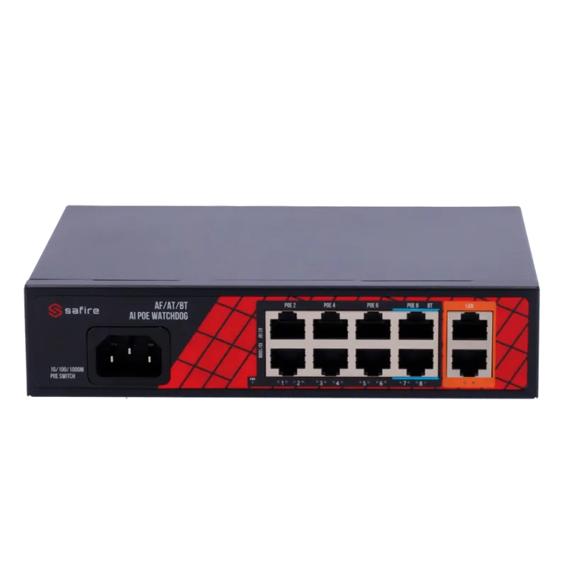 Safire Switch Hi-PoE - 8 puertos PoE + 2 Uplink RJ45 - Hibrido 8x10/100Mbps + 2x10/100/1000Mbps - 6 Puertos PoE+ 30W ...