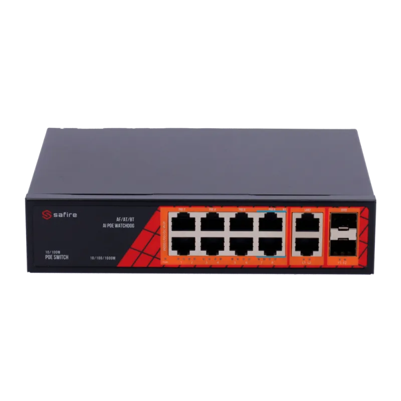 Safire Switch Hi-PoE - 8 puertos PoE + 2 SFP + 2 RJ45 - Velocidad de puertos Gigabit 10/100/1000Mbps - 6 Puertos PoE+...