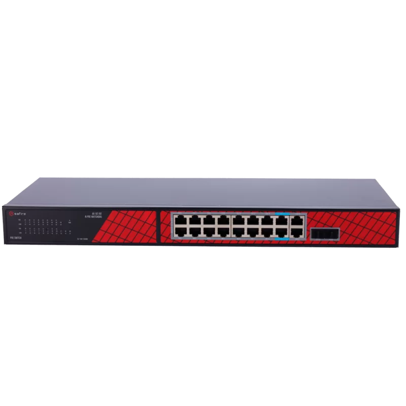 Safire Switch Hi-PoE - 16 puertos PoE + 2 SFP + 2 RJ45 - Velocidad de puertos Gigabit 10/100/1000Mbps - 14 Puertos Po...