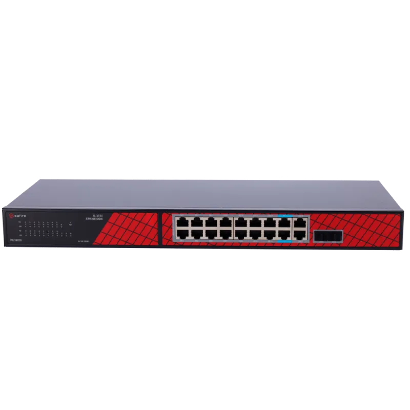 Safire Switch Hi-PoE - 16 puertos PoE + 2 SFP + 2 RJ45 - Velocidad de puertos Gigabit 10/100/1000Mbps - 14 Puertos Po...