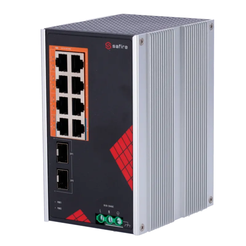 Safire Switch Industrial Alimentación AC y DC - 8 puertos Gigabit + 2 SFP Gigabit - 6 Puertos PoE+ 30W + 2 Puertos Hi...