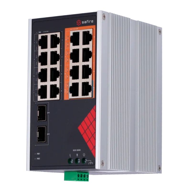 Safire Switch Industrial Alimentación AC y DC - 16 puertos Gigabit + 2 SFP Gigabit - 6 Puertos PoE+ 30W + 2 Puertos H...