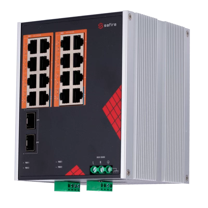 Safire Switch Industrial Alimentación AC y DC - 16 puertos Gigabit + 2 SFP Gigabit - 12 Puertos PoE+ 30W + 4 Puertos ...