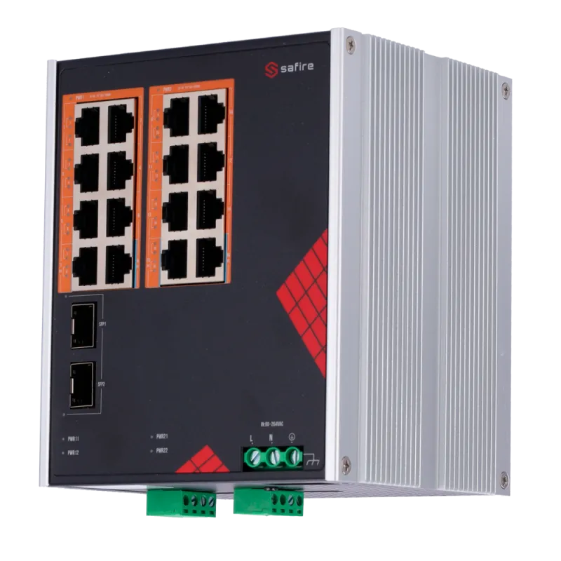 Safire Switch Industrial Alimentación AC y DC - 16 puertos Gigabit + 2 SFP Gigabit - 12 Puertos PoE+ 30W + 4 Puertos ...