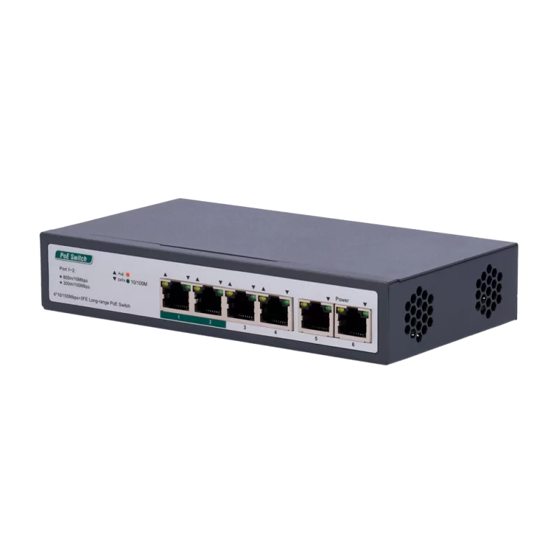 Switch PoE - 4 puertos PoE+ FE + 2 FE Uplink - Velocidad 4 x10/100Mbps + 2 x10/100Mbps - 2 Puertos PoE para hasta 800...