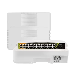 Switch PoE exterior - 22 RJ45 PoE+ 2 RJ45 Hi-PoE - 2 RJ45 Uplink - 22 x 10/100 Mbps - 4 x Gigabit - Hasta 300 W en to...