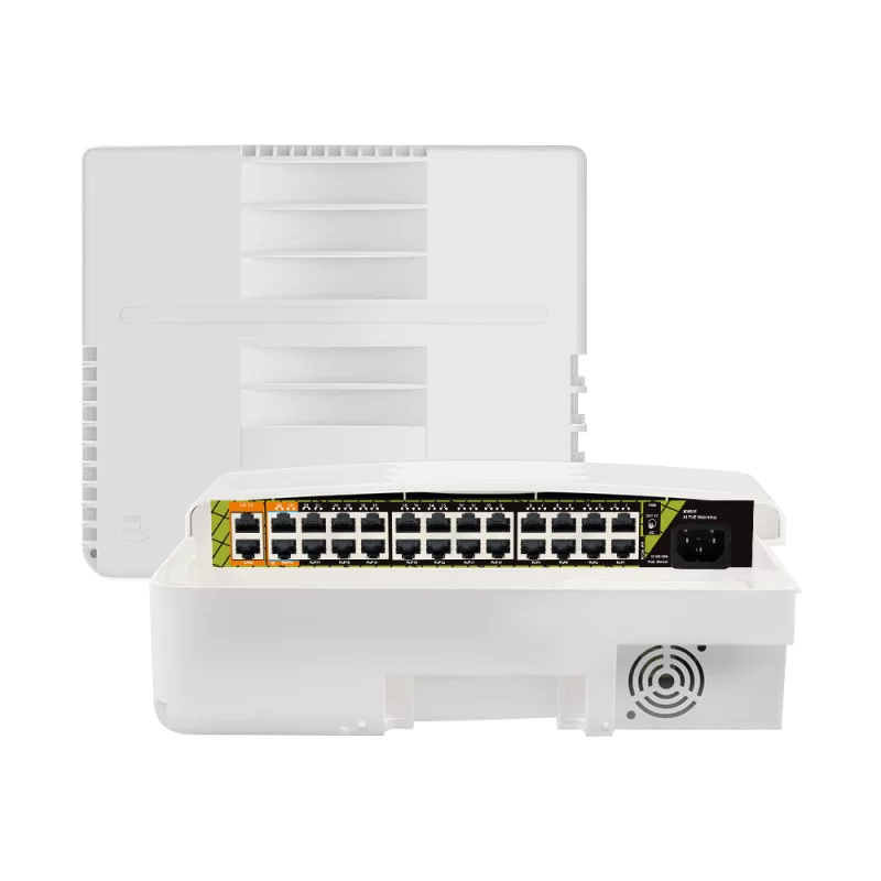 Switch PoE exterior - 22 RJ45 PoE+ 2 RJ45 Hi-PoE - 2 RJ45 Uplink - 22 x 10/100 Mbps - 4 x Gigabit - Hasta 300 W en to...