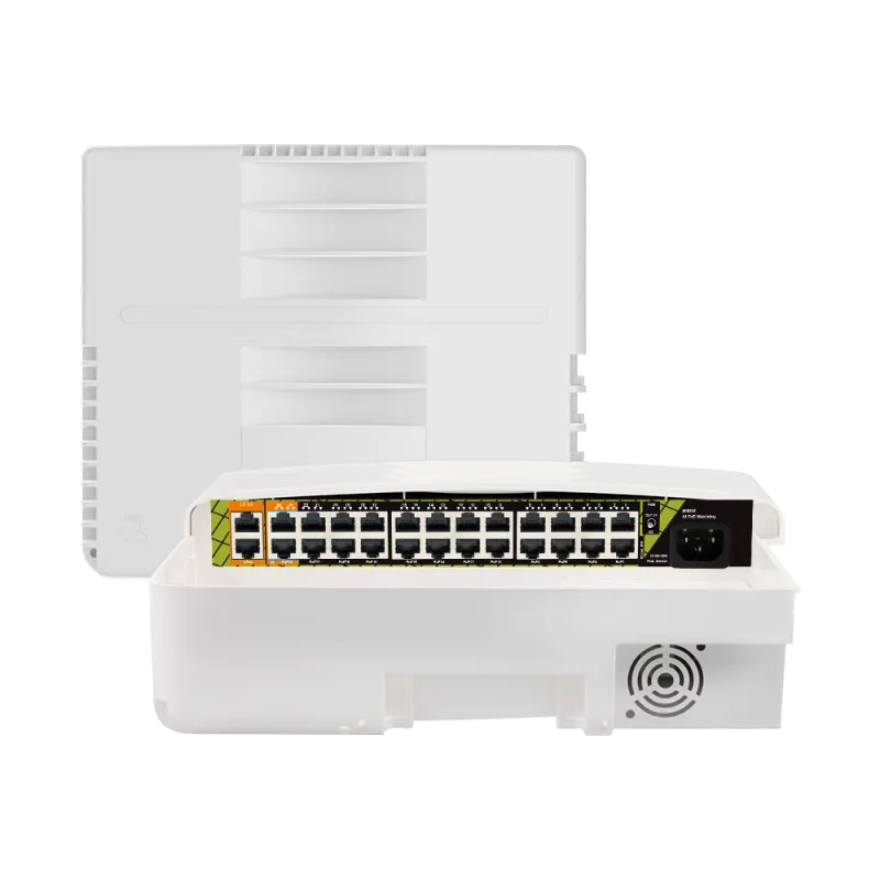 Switch PoE exterior - 22 RJ45 PoE+ 2 RJ45 Hi-PoE - 2 RJ45 Uplink - 22 x 10/100 Mbps - 4 x Gigabit - Hasta 300 W en to...