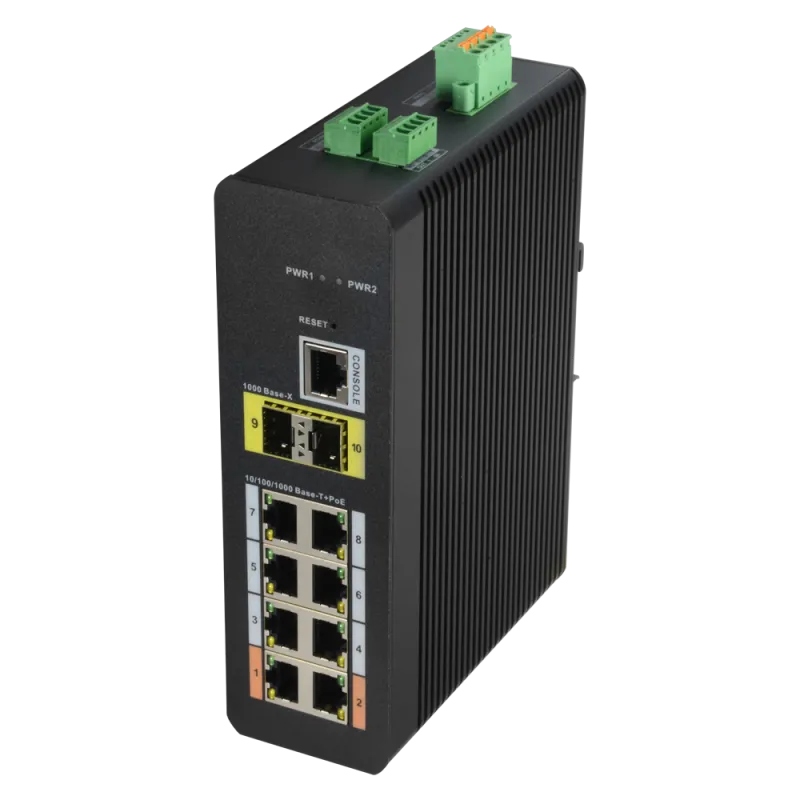 Switch PoE X-Security Carril DIN - 8 puertos PoE RJ45 + 2 puertos SFP de fibra - Velocidad 10/100/1000 Mbps - 90W pue...