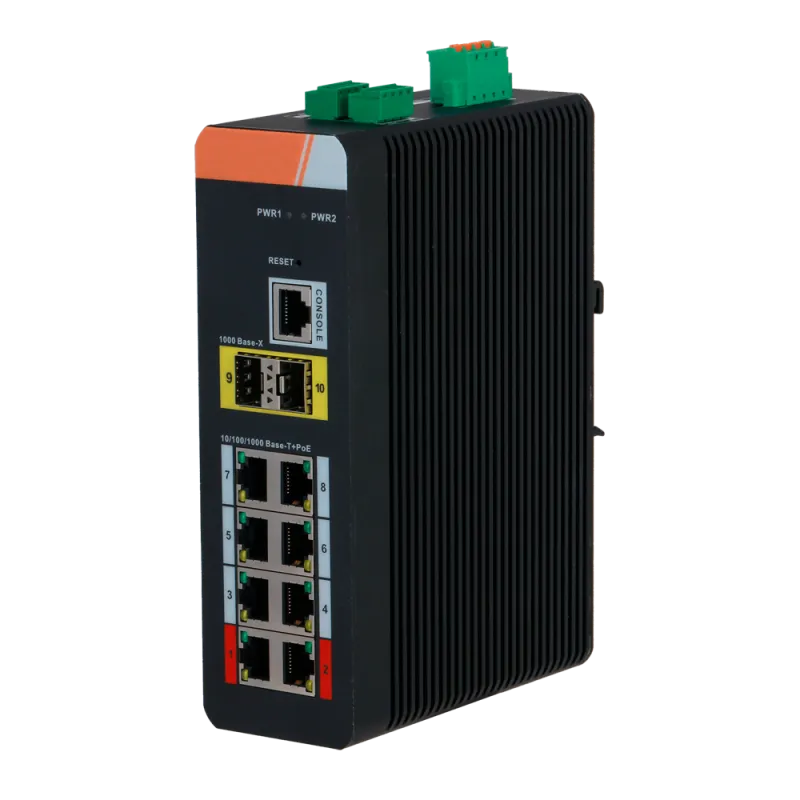 Switch PoE X-Security Carril DIN - 8 puertos PoE RJ45 + 2 puertos SFP - Velocidad 10/100/1000 Mbps - 90W puertos 1-2...