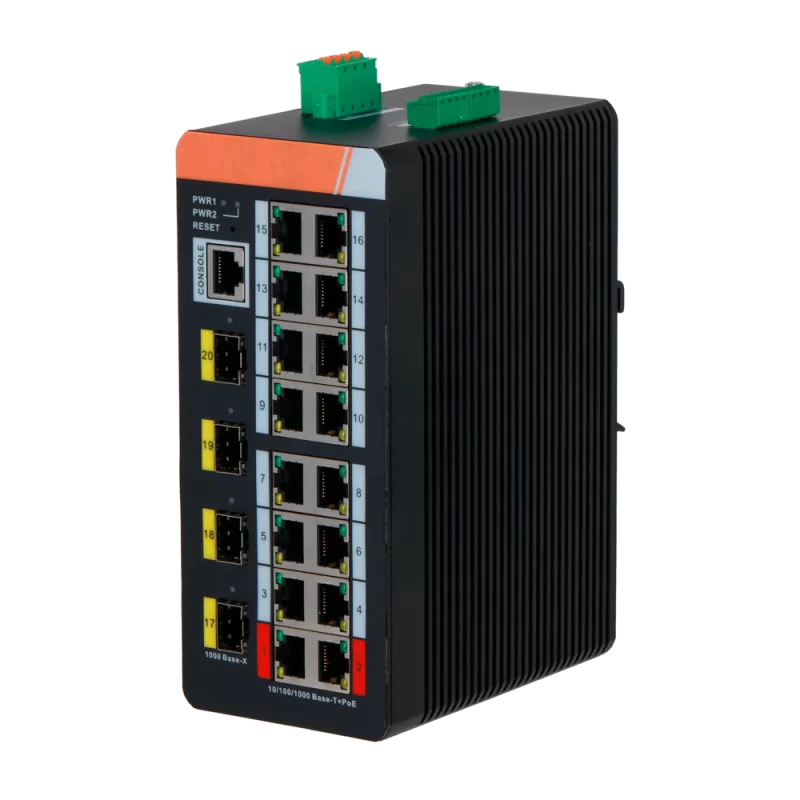 Switch PoE X-Security Carril DIN - 16 puertos PoE RJ45 + 4 puertos SFP - Velocidad 10/100/1000 Mbps - 90W puertos 1-2...