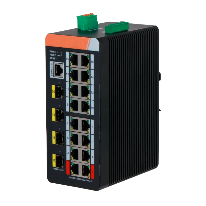 Switch PoE X-Security Carril DIN - 16 puertos PoE RJ45 + 4 puertos SFP - Velocidad 10/100/1000 Mbps - 90W puertos 1-2...