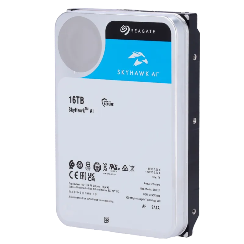 Disco duro Seagate Skyhawk AI - Capacidad 16 TB - Interfaz SATA 6 Gb/s - Hasta 32 transmisiones de inteligencia artif...
