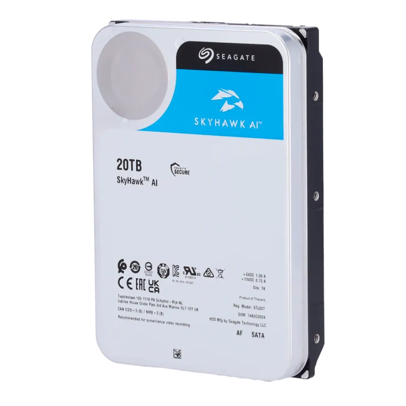 Disco duro Seagate Skyhawk AI - Capacidad 20 TB - Interfaz SATA 6 Gb/s - Hasta 32 transmisiones de inteligencia artif...