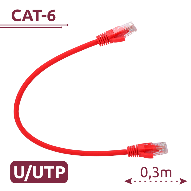 Cable UTP - Ethernet - Conectores RJ45 - Categoría 6 - 0,3 m - Color rojo